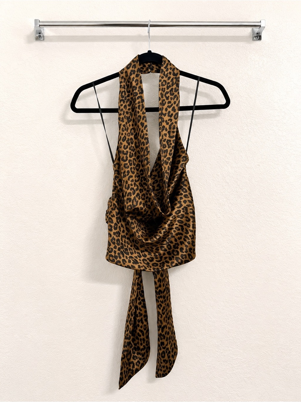 Zara Leopard Print Satin Halter Scarf Top - Brown/Black